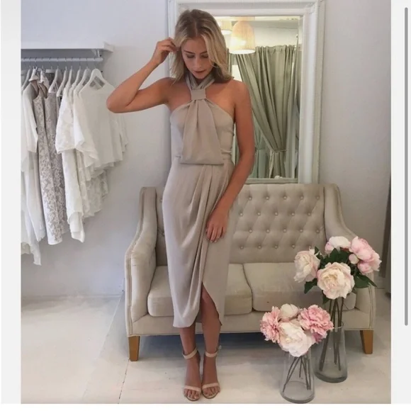 Shona Joy Midi Dress Core Knot Draped Halter Dress Oyster Drape size 8 fits 6 - Picture 2 of 2